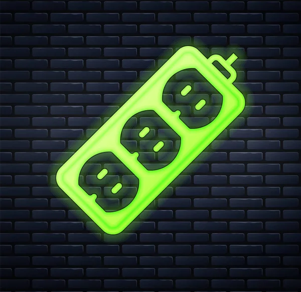 Glowing neon Electric extension cord icon isolated on brick wall background. Power plug socket. Vector — 스톡 벡터
