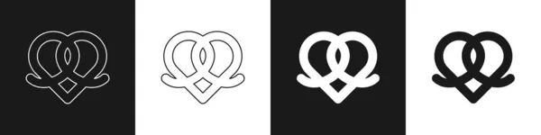 Establecer Pretzel icono aislado sobre fondo blanco y negro. Pastelería de comida alemana. Festival Oktoberfest. Vector — Archivo Imágenes Vectoriales