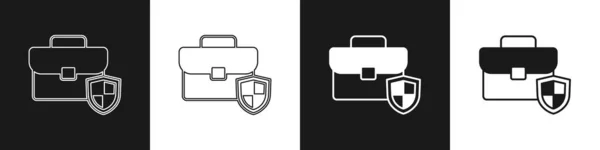 Set Aktentasche mit Schild-Symbol isoliert auf schwarz-weißem Hintergrund. Versicherungskonzept. Sicherheit, Sicherheit, Schutz, Schutzkonzept. Vektor — Stockvektor