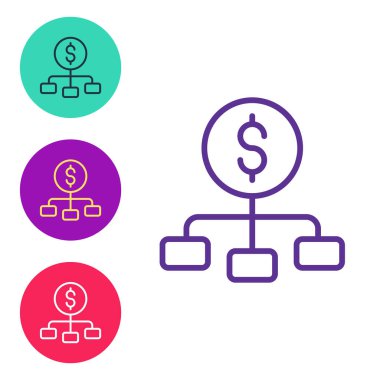 Dolar 'ı finansal hiyerarşi simgesinin üzerine beyaz arka planda izole edilmiş olarak ayarla. Simgeleri renklendirin. Vektör