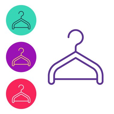 Beyaz arkaplanda Hanger elbise dolabı simgesini ayır. Vestiyer ikonu. Kıyafet servis sembolü. Çamaşır askı tabelası. Simgeleri renklendirin. Vektör