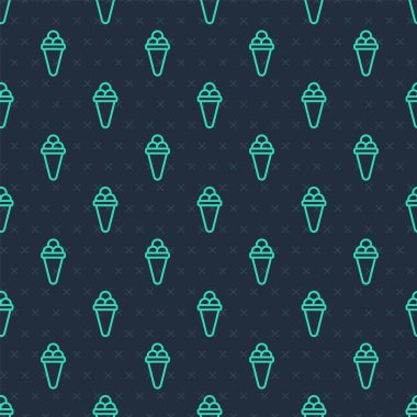 Yeşil çizgi dondurma, waffle konisi ikonu, mavi arkaplanda izole edilmiş, pürüzsüz desen. Güzel sembol. Vektör