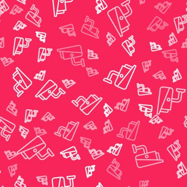 Beyaz çizgi güvenlik kamerası ikonu kırmızı arkaplanda kusursuz desen tespit etti. Vektör