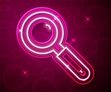 Parlayan neon çizgisi büyüteç simgesi kırmızı arkaplanda izole edildi. Arama, odaklanma, yakınlaştırma, iş sembolü. Vektör