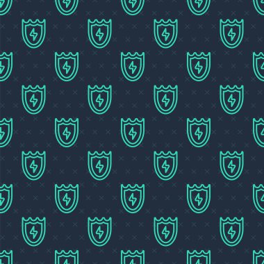 Yeşil çizgi Şimşek ve kalkan ikonu mavi arka planda izole edilmiş kusursuz desen. Yüksek voltaj kalkanı. Güvenli enerji. Vektör