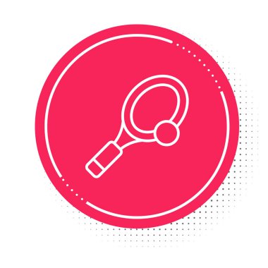 Beyaz çizgili tenis raketi ve beyaz arka planda top ikonu var. Spor malzemeleri. Kırmızı daire düğmesi. Vektör