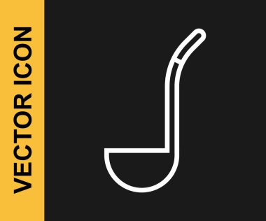 Beyaz çizgi Mutfak Kepçesi simgesi siyah arkaplanda izole edildi. Mutfak aletleri. Çatal kaşık tabelası. Vektör