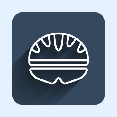 Beyaz çizgi bisiklet başlığı simgesi uzun gölge arkaplanı ile izole edilmiş. Olağanüstü bir spor. Spor malzemeleri. Mavi kare düğme. Vektör