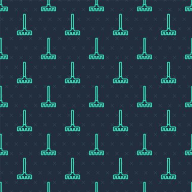 Yeşil çizgi tırmık ikonu mavi arka planda izole edilmiş pürüzsüz desen. Bahçecilik, tarım, çiftçilik aleti. Toprak işçisi. Temizlik ekipmanları. Vektör