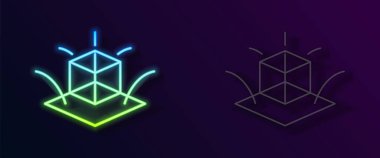 Parlayan neon hattı 3D modelleme simgesi siyah arkaplanda izole edildi. Artırılmış gerçeklik mi yoksa sanal gerçeklik mi? Vektör