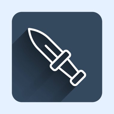 Beyaz çizgi hançer ikonu uzun gölge arkaplan izole. Bıçak ikonu. Keskin bıçaklı kılıç. Mavi kare düğme. Vektör