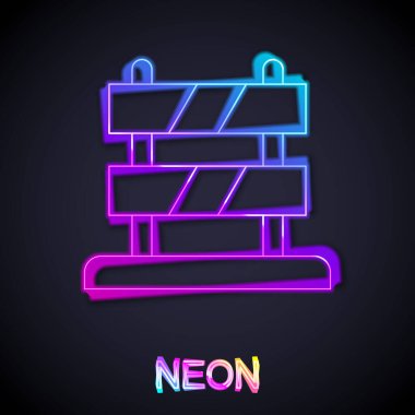 Parlayan neon hattı Siyah zemin üzerinde izole edilmiş demiryolu ikonunun sonu. Dur işareti. Demiryolu tamponundan hedefe. Vektör