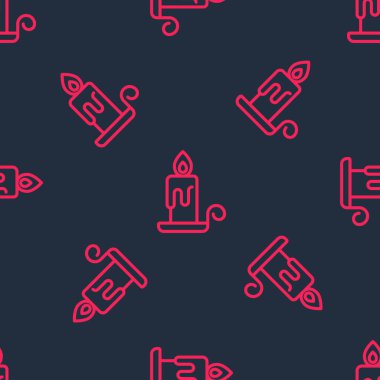 Kırmızı çizgi, şamdan simgesinde yanan mum siyah arkaplanda izole edilmiş pürüzsüz desen. Silindirik mum çubuğu ve yanan ateş. Vektör