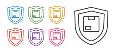 Beyaz arkaplanda kalkan simgesi olan hat teslimat güvenliğini ayarlayın. Teslimat sigortası. Kalkanın ötesinde sigorta kutuları var. Simgeleri renklendirin. Vektör