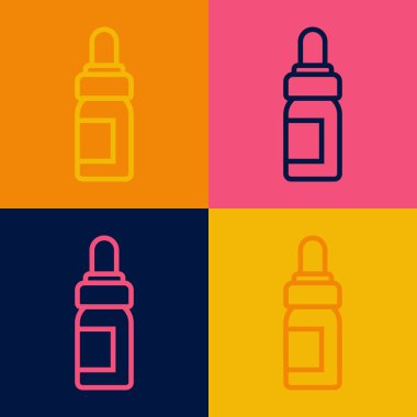 Popüler sanat çizgisi Temel yağ şişesi simgesi renk arkaplanında izole edildi. Organik aromaterapi özü. Cilt bakımı serumu cam bırakma paketi. Vektör