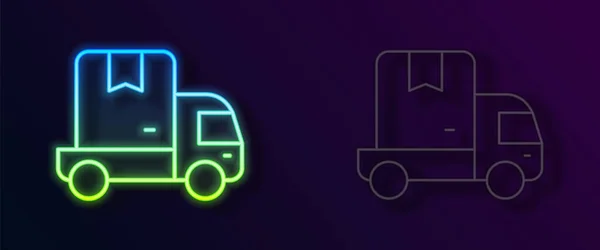 Светящийся неоновая линия Доставка грузовой автомобиль значок транспортного средства изолированы на черном фоне. Вектор — стоковый вектор