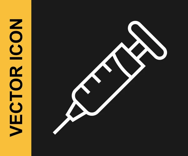 Weiße Linie Spritze Symbol isoliert auf schwarzem Hintergrund. Spritze für Impfstoff, Impfung, Injektion, Grippeimpfung. Medizinische Geräte. Vektor — Stockvektor