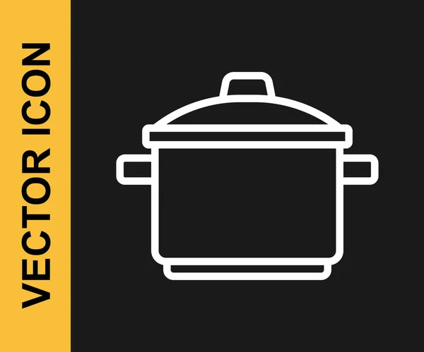 White line Cooking pot icon isolated on black background. Boil or stew food symbol. Vector — Stock Vector