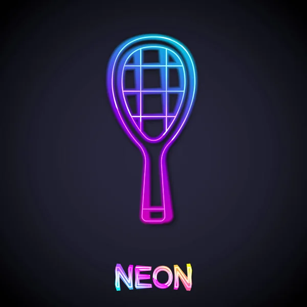 Светящаяся неоновая линия иконка теннисной ракетки выделена на черном фоне. Спортивное оборудование. Вектор — стоковый вектор