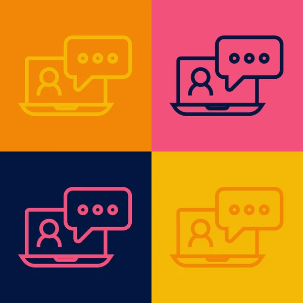 Pop-Art-Linie Video-Chat-Konferenz Symbol isoliert auf farbigem Hintergrund. Online-Meeting-Arbeit von zu Hause aus. Ferngesteuertes Projektmanagement. Vektor — Stockvektor