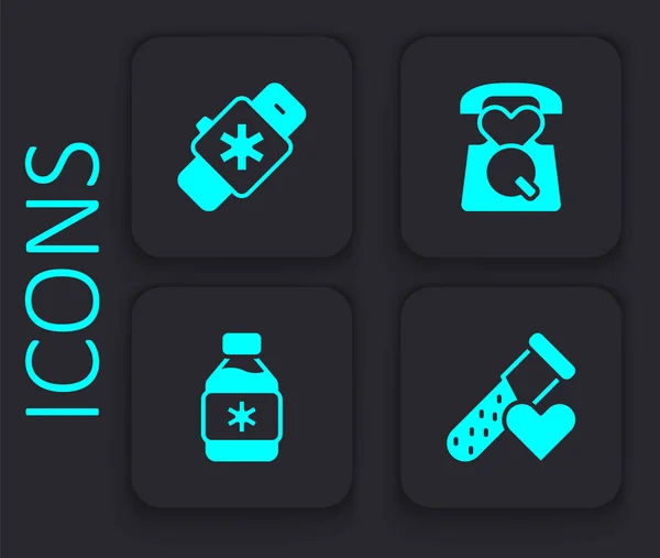 Set Test tube with blood, Smart watch heart, Emergency call 911 and Bottle of medicine syrup icon. Black square button. Vector — Vector de stock