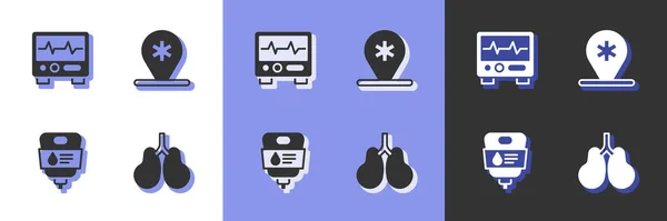 Set Pulgs, Monitor com cardiograma, bolsa IV e ícone do hospital de localização. Vetor — Vetor de Stock