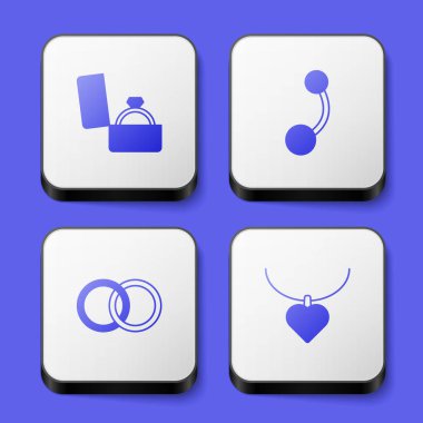 Elmas nişan yüzüğünü kutuya, piercing 'e, alyanslara ve kalp şeklindeki ikona yerleştir. Beyaz kare düğme. Vektör