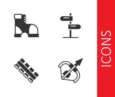 Ortaçağ yayı, ok, avcı botları, av kartuş kemeri ve trafik işareti simgesini ayarlayın. Vektör