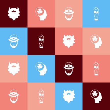 Pop sanat eserleri, bıyık ve sakal, yonca yaprağı, leprikon ve bir bardak bira ikonu. Vektör