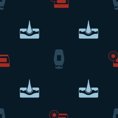 Tüpte güneş kremi, şampuan şişesi ve insan saç folikülünü pürüzsüz desene ayarlayın. Vektör