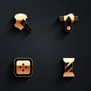 Deri, fermuar, elbise dikme düğmesi ve uzun gölgeli iplik makarası simgesi. Vektör