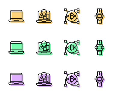 Blockchain teknolojisi Bitcoin, Laptop, internet korsanlığı ve bilek saat simgesi. Vektör