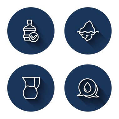 Büyük şişe temiz su, buzdağı, sürahi bardak ve uzun gölgeli su damlası baloncukları. Mavi daire düğmesi. Vektör