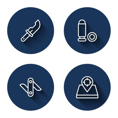 Avcı bıçağı, kurşun, İsviçre ordusu ve uzun gölgeli bir yer. Mavi daire düğmesi. Vektör