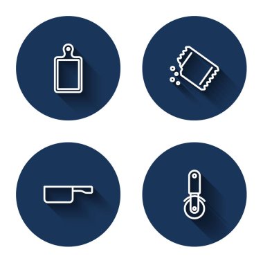 Hat kesme tahtası, bir paket biber, tava ve uzun gölgeli pizza bıçağı. Mavi daire düğmesi. Vektör