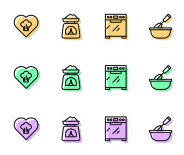 Fırın, Şef şapkası, pullar ve kase ikonlu fırın çırpma çubuğu. Vektör