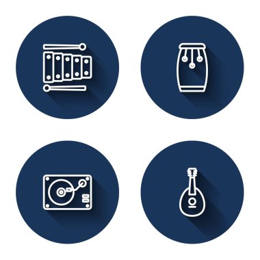 Hat Xylophone, Conga davulları, vinil diskli vinil çalar ve uzun gölgeli Mandolin ayarlayın. Mavi daire düğmesi. Vektör