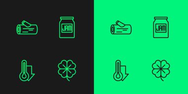 Dört yapraklı yonca, termometre, tahta kütük ve reçel kavanozu simgesi. Vektör