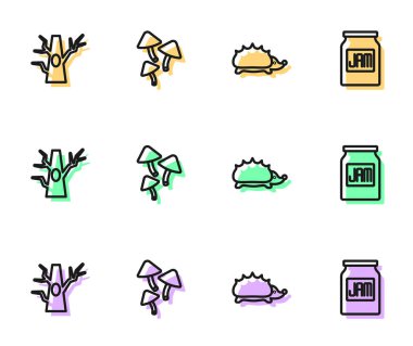 Kirpi, Çıplak Ağaç, Mantar ve Reçel Kavanozu ikonu. Vektör