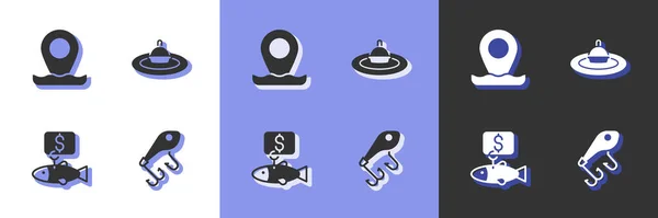 Set Rybaření návnada, Umístění rybaření, Cena tag pro a plovoucí voda ikona. Vektor — Stockový vektor