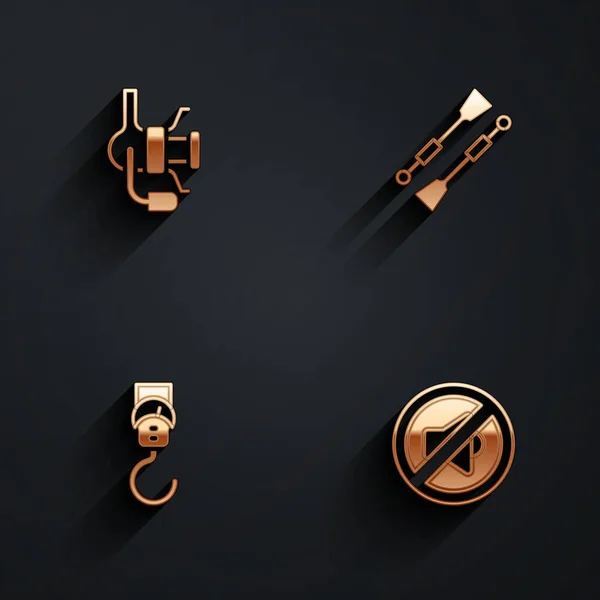 Set Draaiende haspel voor vissen, Oars paddles boot, Spring schaal en Speaker mute pictogram met lange schaduw. Vector — Stockvector