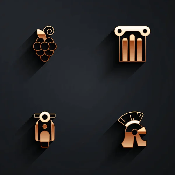 Set Grape fruit, Ancient column, Scooter and Roman army helmet icon with long shadow. Vector — Vector de stock