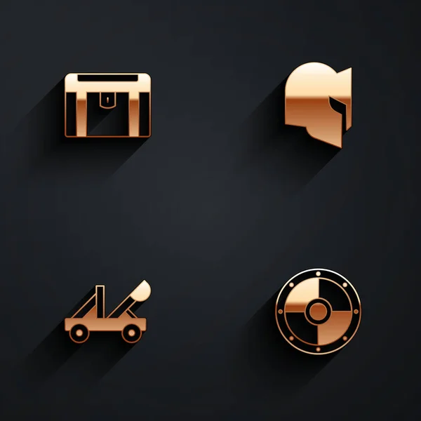 Set Antique treasure chest, Medieval helmet, catapult and Round shield icon with long shadow. Vector — 스톡 벡터