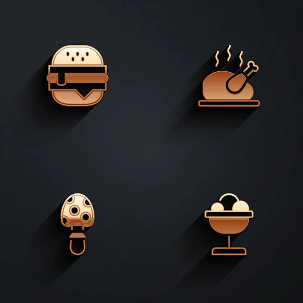 Set Burger, Roasted turkey or chicken, Fly agaric mushroom and Ice cream in the bowl icon with long shadow. Vector — Vector de stock