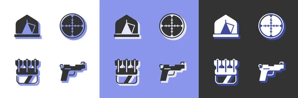 Ställ Pistol eller pistol, Turisttält, Quiver med pilar och Krypskytt optisk syn ikon. Vektor — Stock vektor