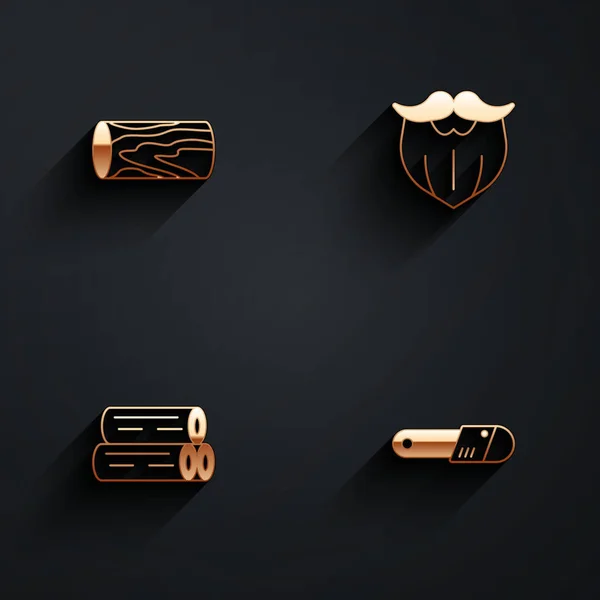 Set Wooden log, Mustache and beard, and Chainsaw icon with long shadow. Vector — Stock Vector