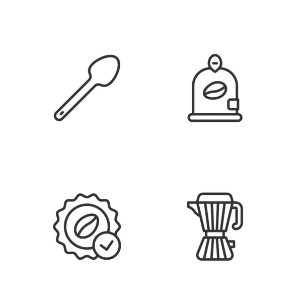 设置系列咖啡壶,咖啡奖章,茶匙和豆豆图标.B.病媒 — 图库矢量图片