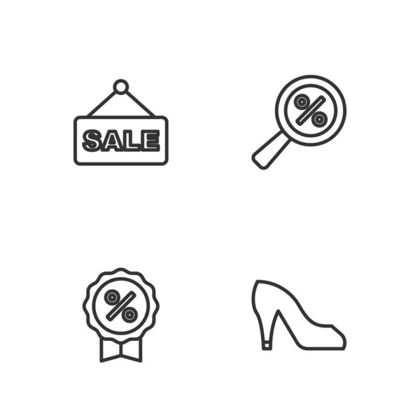 Set line Woman shoe, Discount percent tag, Hanging sign with text Sale and Magnifying glass icon. Vector — Stock Vector