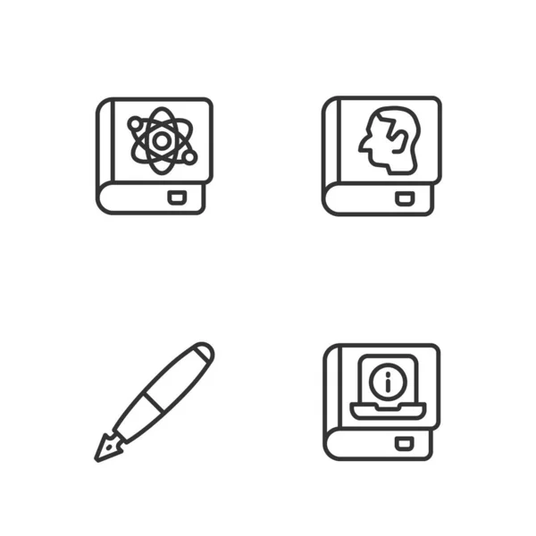Set line Manuel de l'utilisateur, plume de stylo plume, Livre sur la physique et l'icône du livre de droit. Vecteur — Image vectorielle