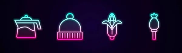 Set line Teapot, Winter hat, Corn and Opium poppy. Glowing neon icon. Vector — Stock Vector